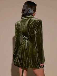 SHEIN BAE 橄欖綠天鵝絨西裝洋裝女款 2026年秋季 優雅性感修身長袖迷你裙 適合辦公室、雞尾酒會、約會之夜、假期晚宴 - 軍綠色 - 查看 2