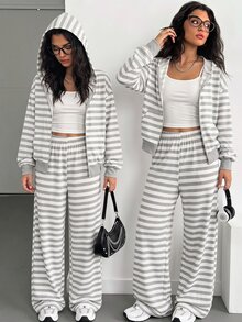 SHEIN 青少年女孩寬鬆條紋休閒三件套，連帽拉鍊外套 + 針織細肩帶背心 + 寬腿運動長褲，灰白對比條紋柔軟面料 - 灰色 - 查看 2