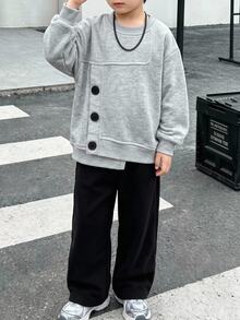 SHEIN Little Byeori 2件組兒童小男孩裝飾鈕扣解構拼接設計針織軟綿圓領長袖套頭衛衣＋鬆緊腰長褲，保暖內裡刷毛加厚款，適合冬季 - 灰色 - 查看 5
