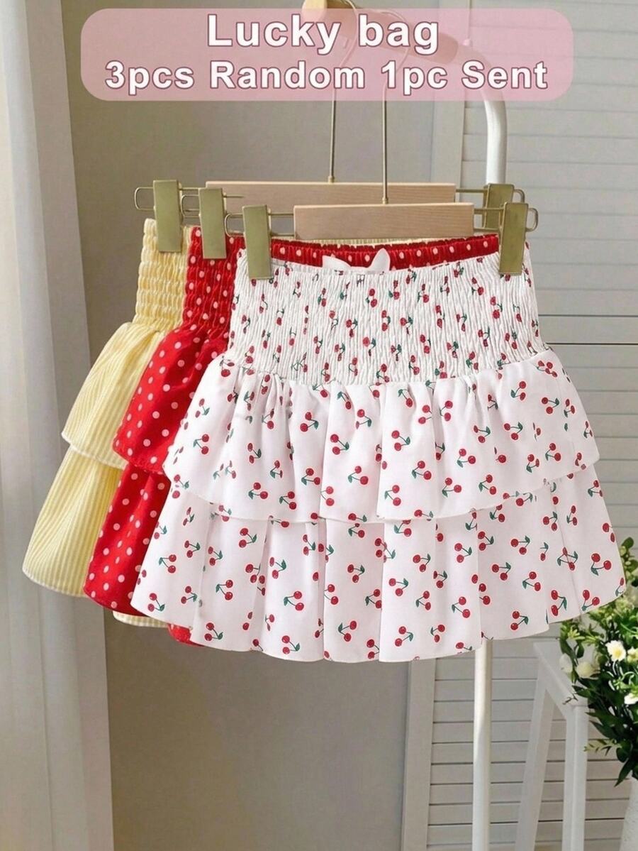SHEIN Minifalda casual fruncida con estampado de cerezas tejidas para niña preadolescente - Multicolor - Ver 1