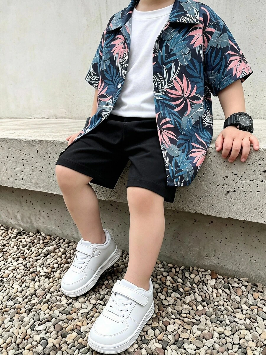 SHEIN 小男孩熱帶植物印花短袖襯衫與短褲套裝,兒童夏季兩件式白色套裝,適合度假、去海邊和動物園 - 黑色 - 查看 1
