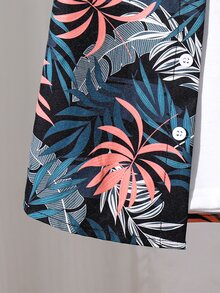 SHEIN 小男孩熱帶植物印花短袖襯衫與短褲套裝，兒童夏季兩件式白色套裝，適合度假、去海邊和動物園 - 黑色 - 查看 8