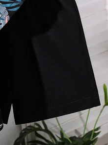 SHEIN 小男孩熱帶植物印花短袖襯衫與短褲套裝，兒童夏季兩件式白色套裝，適合度假、去海邊和動物園 - 黑色 - 查看 5