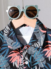 SHEIN 小男孩熱帶植物印花短袖襯衫與短褲套裝，兒童夏季兩件式白色套裝，適合度假、去海邊和動物園 - 黑色 - 查看 4