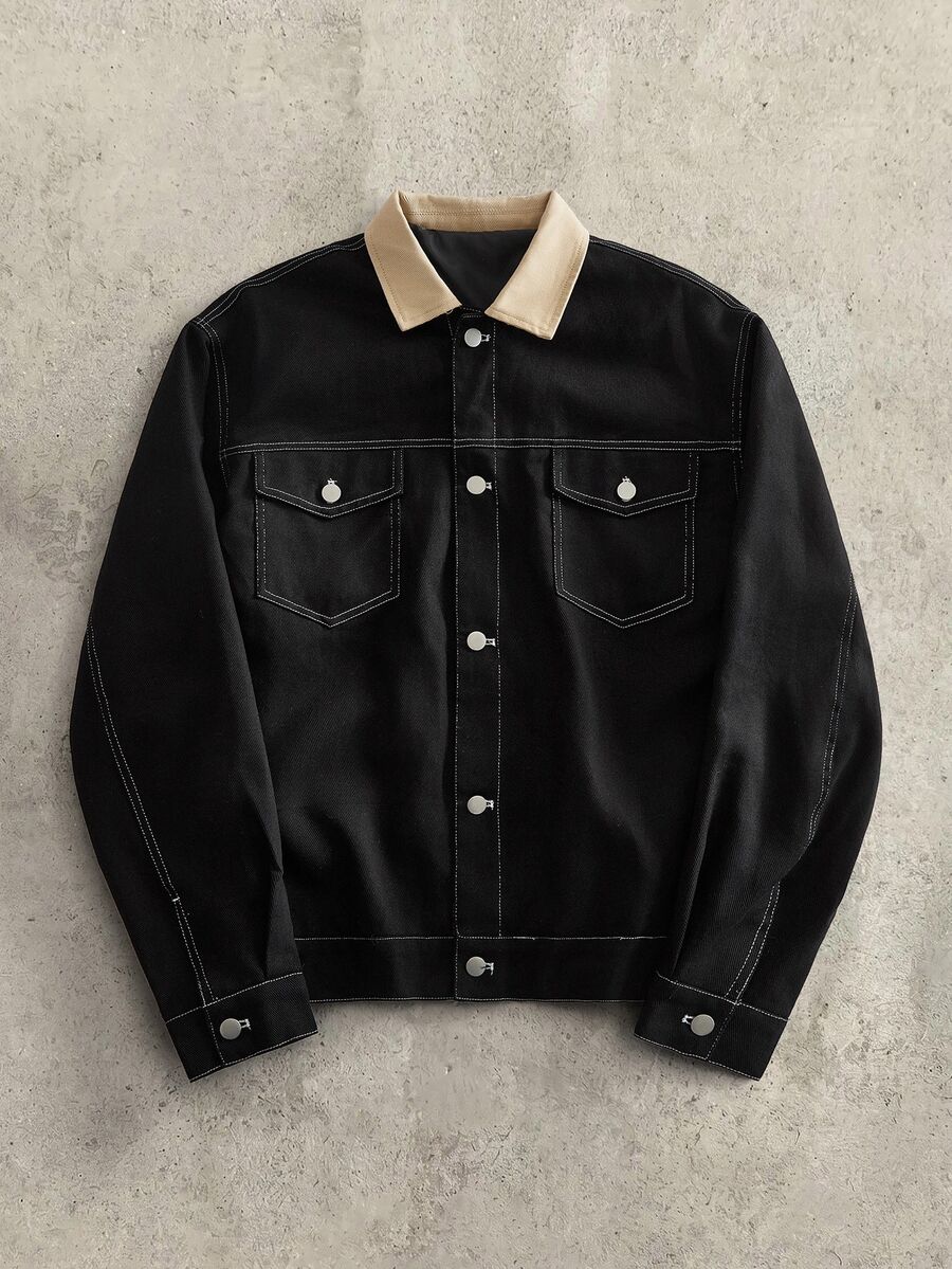 HIMLAND Men's Colorblock Single-Breasted Casual Versatile Daily Commute Long Sleeve Jacket - Black - View 1