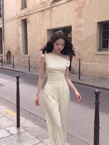 Skyraze Women's Polka Dot Pattern Asymmetrical Shoulder Ruched Top And Pants Fashion Set - Apricot - View 3