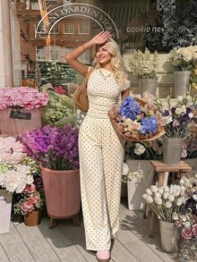 Skyraze Women's Polka Dot Pattern Asymmetrical Shoulder Ruched Top And Pants Fashion Set - Apricot - View 2