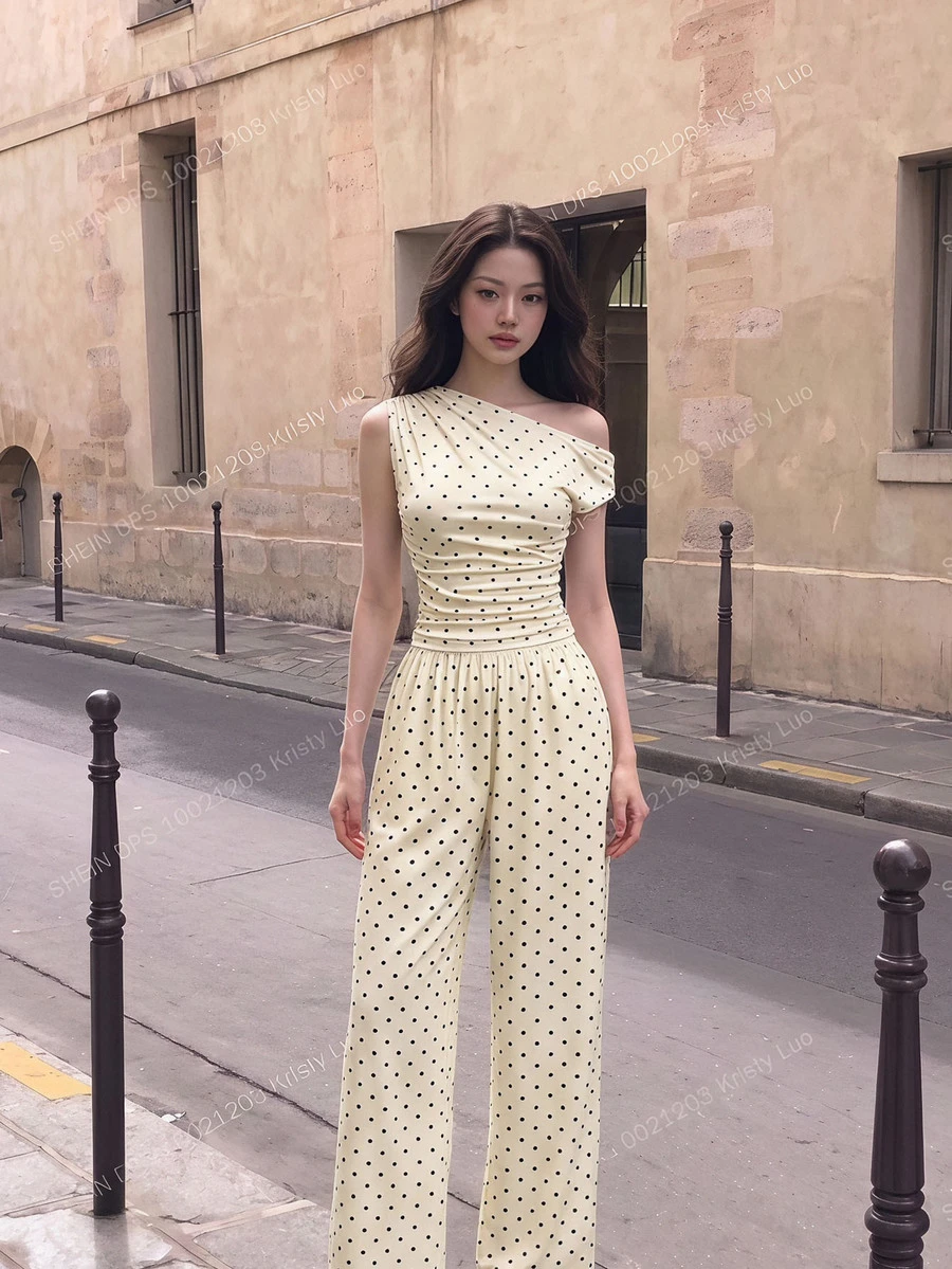 Skyraze Women's Polka Dot Pattern Asymmetrical Shoulder Ruched Top And Pants Fashion Set - Apricot - View 1