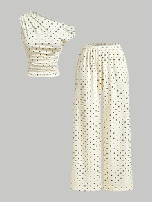 Skyraze Women's Polka Dot Pattern Asymmetrical Shoulder Ruched Top And Pants Fashion Set - Apricot - View 5