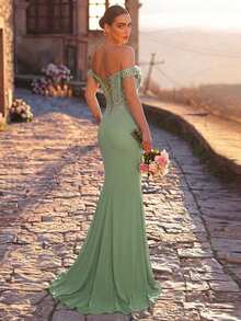Glamrae Elegant Luxurious Beaded,Sequin & Embroidered Ruched Off-Shoulder Mermaid Dress,Heavy Embellishment Formal Gown For Weddings,Parties,Galas & Vacations - Green - View 2