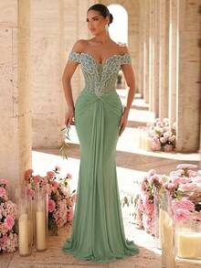 Glamrae Elegant Luxurious Beaded,Sequin & Embroidered Ruched Off-Shoulder Mermaid Dress,Heavy Embellishment Formal Gown For Weddings,Parties,Galas & Vacations - Green - View 3