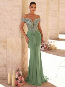 Glamrae Elegant Luxurious Beaded,Sequin & Embroidered Ruched Off-Shoulder Mermaid Dress,Heavy Embellishment Formal Gown For Weddings,Parties,Galas & Vacations - Green - View 6