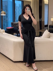 Vibekara Plus Size Sexy Style Knot Hem Bodycon Dress - Black - View 4