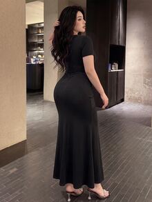 Vibekara Plus Size Sexy Style Knot Hem Bodycon Dress - Black - View 3