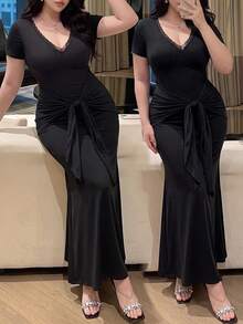 Vibekara Plus Size Sexy Style Knot Hem Bodycon Dress - Black - View 6