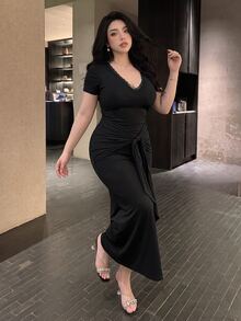 Vibekara Plus Size Sexy Style Knot Hem Bodycon Dress - Black - View 7