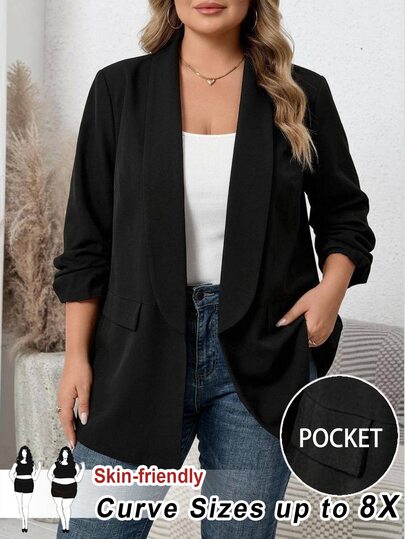 SHEIN CURVE+ Black Plus Size Women's Suit Jacket, Elegant Decent Casual Attire For Commuting And Business Formal, Blazer Office Wear In Autumn Teachers' Day