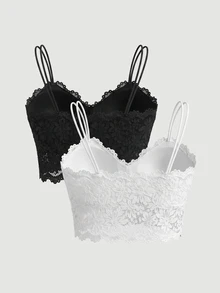 SHEIN MOD 2 Packs Floral Lace Bra Set Lingerie - Black and White - View 3