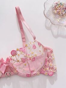 SHEIN MOD Sweet Girl Cute Pink Mesh Embroidered Thin Bra With Heart Rhinestone Decor, Silky Bow Tie Panty Ladies Lingerie Set - Pink - View 4