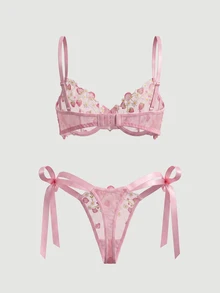SHEIN MOD Sweet Girl Cute Pink Mesh Embroidered Thin Bra With Heart Rhinestone Decor, Silky Bow Tie Panty Ladies Lingerie Set - Pink - View 3