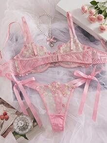 SHEIN MOD Sweet Girl Cute Pink Mesh Embroidered Thin Bra With Heart Rhinestone Decor, Silky Bow Tie Panty Ladies Lingerie Set - Pink - View 5