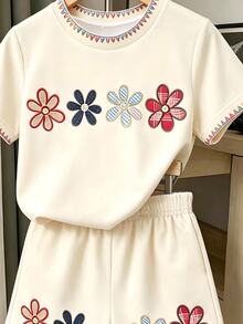 Souflis Souflis 1 Set Of Girls', Round Neck Digital Printed Short Sleeved Top+Elastic Waist Shorts, Suitable For Parties, Vacations, And Summer Clothing - Multicolor - View 4