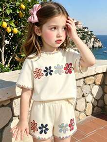 Souflis Souflis 1 Set Of Girls', Round Neck Digital Printed Short Sleeved Top+Elastic Waist Shorts, Suitable For Parties, Vacations, And Summer Clothing - Multicolor - View 3