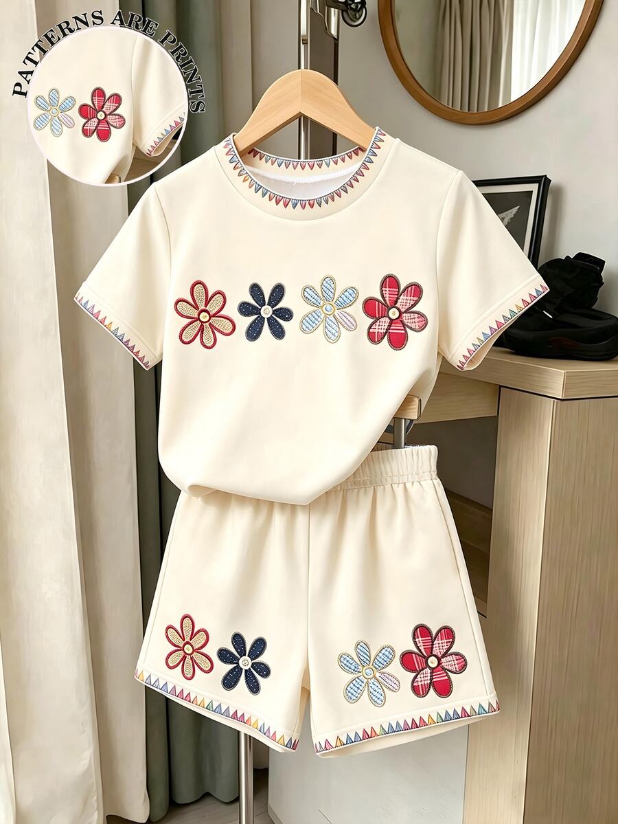 Souflis Souflis 1 Set Of Girls', Round Neck Digital Printed Short Sleeved Top+Elastic Waist Shorts, Suitable For Parties, Vacations, And Summer Clothing - Multicolor - View 1