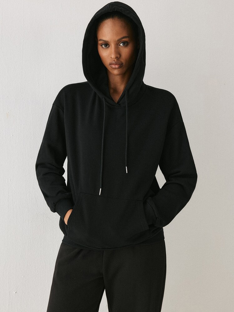YARNWELL Women's Solid Color Drawstring Hooded Casual Basic Streetwear Baggy Daily Workout Gym Long Sleeve Sweatshirt Black Autumn - Black - View 3