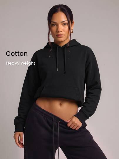 YARNWELL Women's Solid Color Drawstring Hooded Casual Basic Streetwear Baggy Daily Workout Gym Long Sleeve Sweatshirt Black Autumn