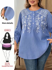 SHEIN CURVE+ 新款刺繡條紋休閒舒適日常百搭度假長袖襯衫 - 藍色 - 查看 4