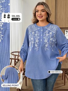 SHEIN CURVE+ 新款刺繡條紋休閒舒適日常百搭度假長袖襯衫 - 藍色 - 查看 5