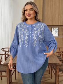 SHEIN CURVE+ 新款刺繡條紋休閒舒適日常百搭度假長袖襯衫 - 藍色 - 查看 7
