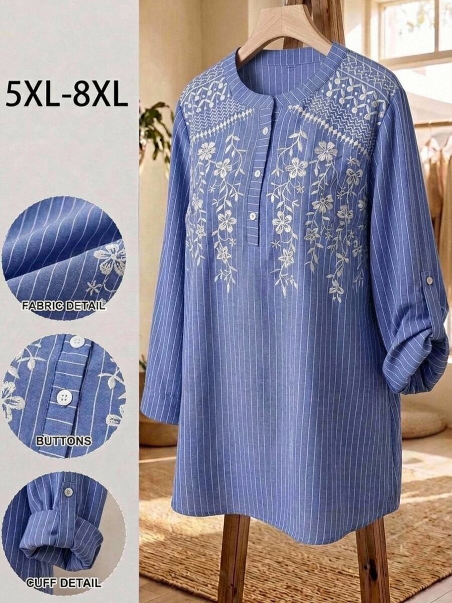 SHEIN CURVE+ 新款刺繡條紋休閒舒適日常百搭度假長袖襯衫 - 藍色 - 查看 1