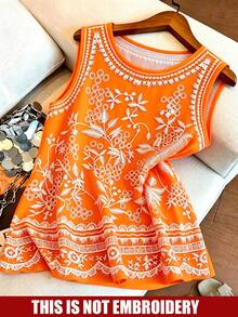 GlowEve CURVE Plus Size Women Floral Print Fresh Artistic Minimalist Vintage Casual Elegant Round Neck Tank Top - Orange - View 1