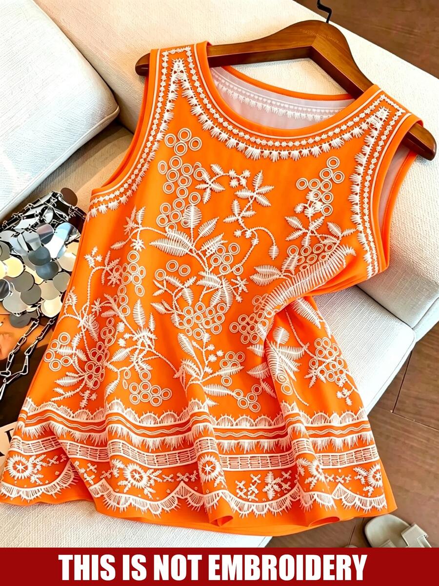 GlowEve CURVE Plus Size Women Floral Print Fresh Artistic Minimalist Vintage Casual Elegant Round Neck Tank Top - Orange - View 1