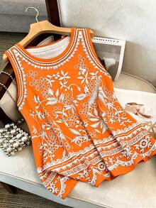 GlowEve CURVE Plus Size Women Floral Print Fresh Artistic Minimalist Vintage Casual Elegant Round Neck Tank Top - Orange - View 3
