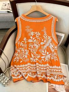 GlowEve CURVE Plus Size Women Floral Print Fresh Artistic Minimalist Vintage Casual Elegant Round Neck Tank Top - Orange - View 2