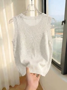 SHEIN Franclia 女款淺灰色針織背心上衣－圓領、羅紋袖口設計、短版剪裁、復古休閒 90 年代日常居家夏裝 - 白色 - 查看 3