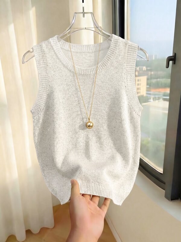 SHEIN Franclia New 2026 Women's Shimmering Gold Knit Tank Top-Round Neck, Ribbed Armhole Detail, Cropped Silhouette, Effortlessly Blending Retro 90s Glamour With Minimalist Chic, Ideal For Brunch Dates, Night Out And Spring Summer Daily Wear