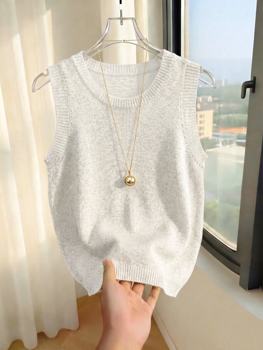 SHEIN Franclia 女款淺灰色針織背心上衣－圓領、羅紋袖口設計、短版剪裁、復古休閒 90 年代日常居家夏裝