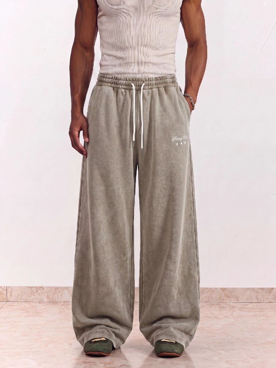 SWAVVY Men's Casual Loose Fit Sports Sweatpants, Brown, Standard Size, Embroidered Distressed Snow Wash, Spring/Summer/Autumn - Brown - View 1