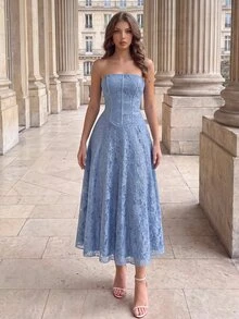 Poshira 女款優雅純色蕾絲大禮服婚禮排練晚餐活動天藍色冬季 - 霧霾藍 - 查看 4