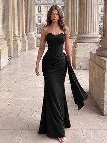 Poshira Women's Solid Color Strapless Ruched Ribbon Design Elegant Cocktail Dress - Black - View 1