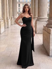 Poshira Women's Solid Color Strapless Ruched Ribbon Design Elegant Cocktail Dress - Black - View 5
