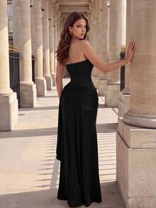 Poshira Women's Solid Color Strapless Ruched Ribbon Design Elegant Cocktail Dress - Black - View 4