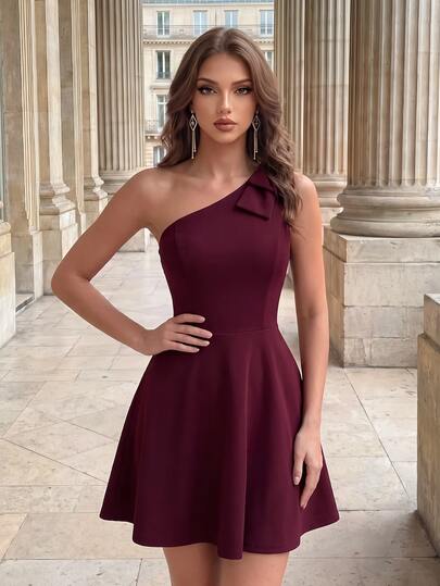 Poshira Women's Solid Color One Shoulder Bow Decor Sleeveless Prom Dress