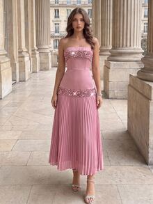 Poshira Women's Sequin Patchwork Pleated Hem Strapless Formal Gown - Dusty Pink - View 4