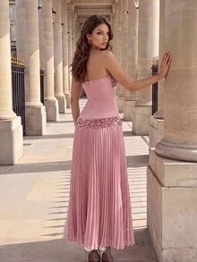 Poshira Women's Sequin Patchwork Pleated Hem Strapless Formal Gown - Dusty Pink - View 2