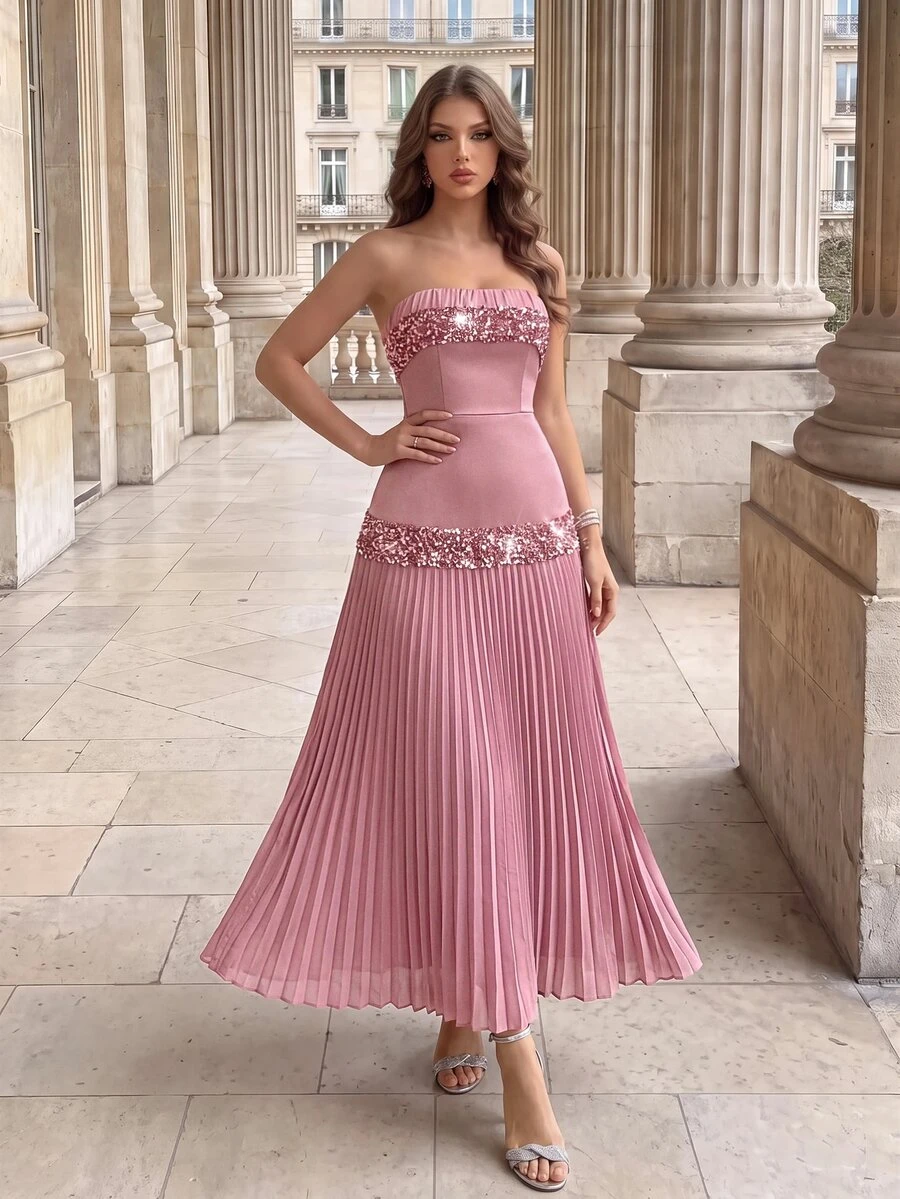 Poshira Women's Sequin Patchwork Pleated Hem Strapless Formal Gown - Dusty Pink - View 1